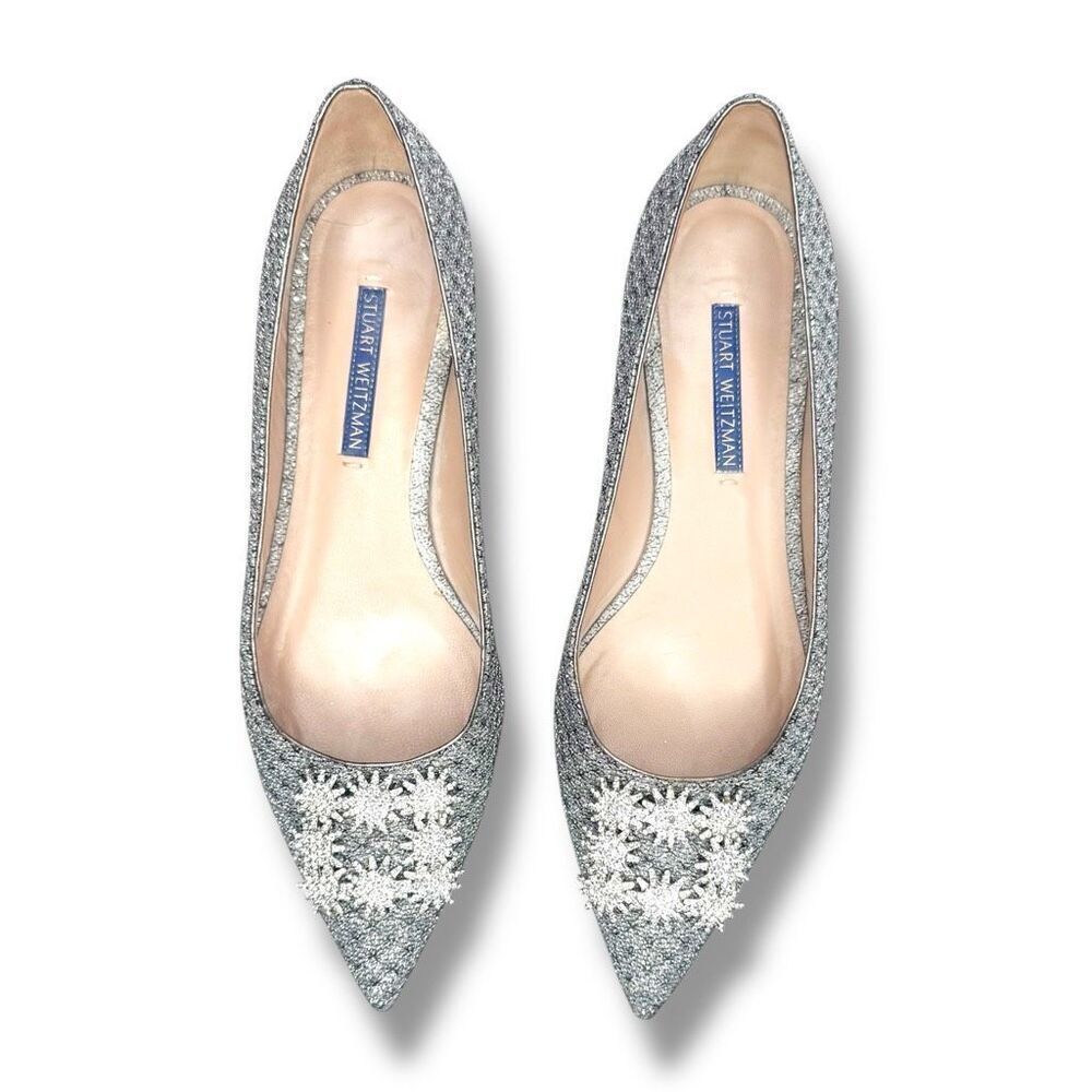 Stuart Weitzman Kelsey Night Stars Ballerina Flat in Silver Glitter Crystal 7.5